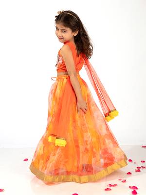 Elaisha girls spaghetti butterfly hand embroidered top and organza flared skirt set - orange 4