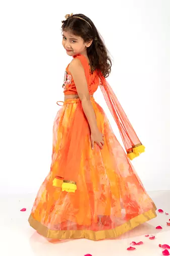 Elaisha girls spaghetti butterfly hand embroidered top and organza flared skirt set - orange