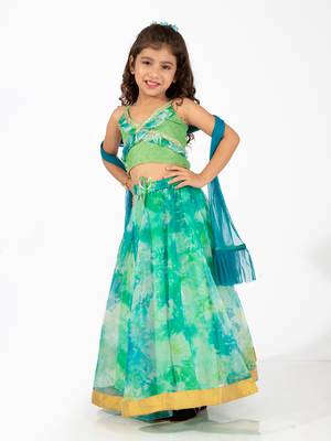Elaisha girls spaghetti-strap top with criss-cross design & skirt with net dupatta set - sea green & lime green 1