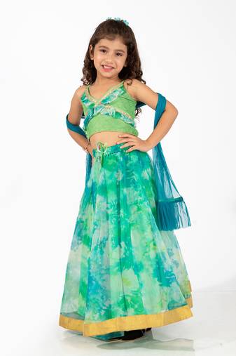 Elaisha girls spaghetti-strap top with criss-cross design & skirt with net dupatta set - sea green & lime green