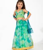Elaisha girls spaghetti-strap top with criss-cross design & skirt with net dupatta set - sea green & lime green
