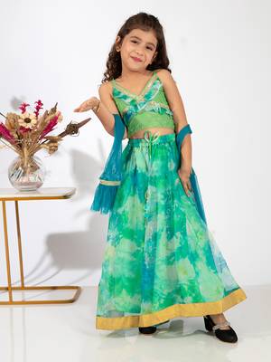 Elaisha girls spaghetti-strap top with criss-cross design & skirt with net dupatta set - sea green & lime green 2