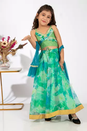Elaisha girls spaghetti-strap top with criss-cross design & skirt with net dupatta set - sea green & lime green