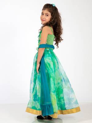 Elaisha girls spaghetti-strap top with criss-cross design & skirt with net dupatta set - sea green & lime green 3