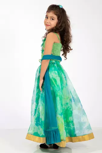 Elaisha girls spaghetti-strap top with criss-cross design & skirt with net dupatta set - sea green & lime green