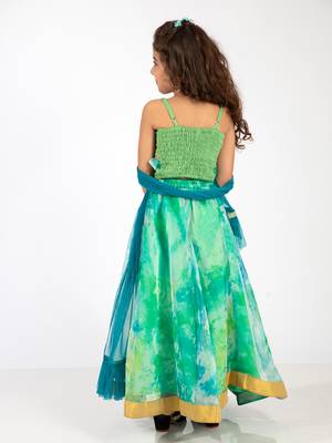 Elaisha girls spaghetti-strap top with criss-cross design & skirt with net dupatta set - sea green & lime green 4