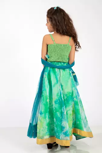 Elaisha girls spaghetti-strap top with criss-cross design & skirt with net dupatta set - sea green & lime green