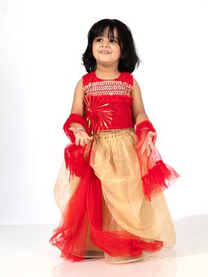 Elaisha girls sequin embroidered crop top & layered organza skirt with net dupatta set - red & gold 1