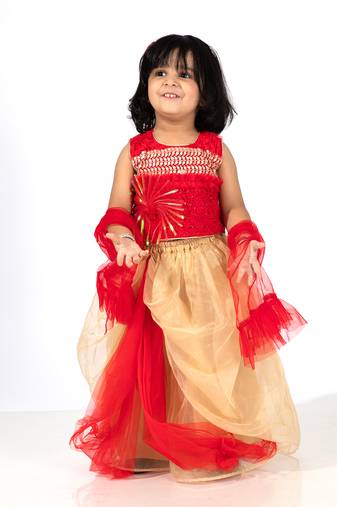 Elaisha girls sequin embroidered crop top & layered organza skirt with net dupatta set - red & gold