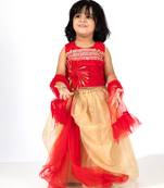 Elaisha girls sequin embroidered crop top & layered organza skirt with net dupatta set - red & gold