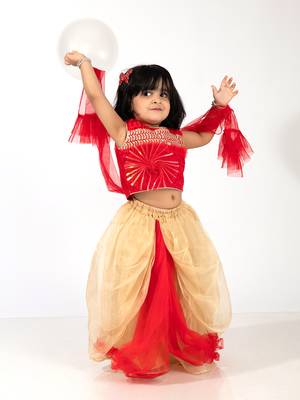 Elaisha girls sequin embroidered crop top & layered organza skirt with net dupatta set - red & gold 2
