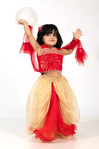 Elaisha girls sequin embroidered crop top & layered organza skirt with net dupatta set - red & gold