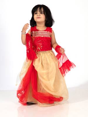 Elaisha girls sequin embroidered crop top & layered organza skirt with net dupatta set - red & gold 3