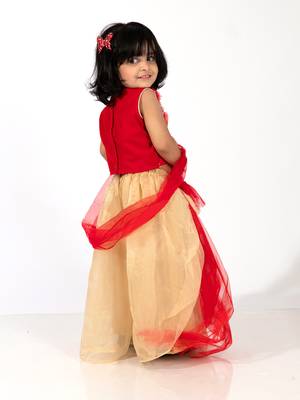 Elaisha girls sequin embroidered crop top & layered organza skirt with net dupatta set - red & gold 4