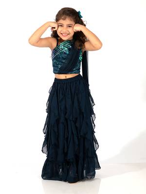 Elaisha girls one-shoulder unicorn printed top with draped dupatta and ruffled  skirt set - navy blue 1