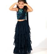 Elaisha girls one-shoulder unicorn printed top with draped dupatta and ruffled  skirt set - navy blue