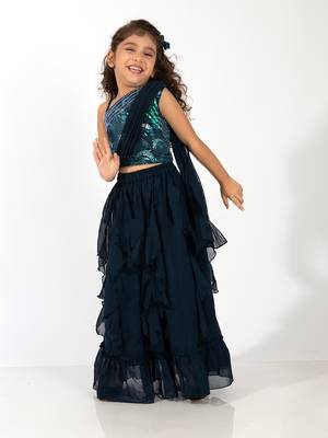 Elaisha girls one-shoulder unicorn printed top with draped dupatta and ruffled  skirt set - navy blue 2