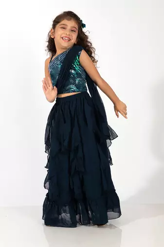 Elaisha girls one-shoulder unicorn printed top with draped dupatta and ruffled  skirt set - navy blue