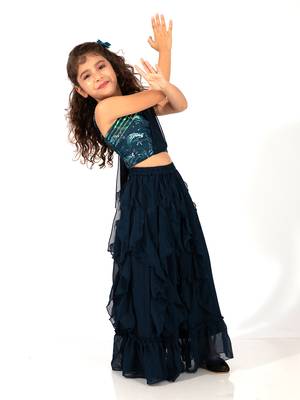 Elaisha girls one-shoulder unicorn printed top with draped dupatta and ruffled  skirt set - navy blue 3