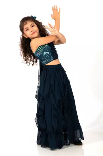 Elaisha girls one-shoulder unicorn printed top with draped dupatta and ruffled  skirt set - navy blue