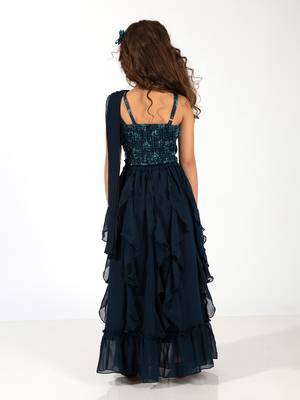 Elaisha girls one-shoulder unicorn printed top with draped dupatta and ruffled  skirt set - navy blue 4