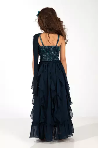 Elaisha girls one-shoulder unicorn printed top with draped dupatta and ruffled  skirt set - navy blue