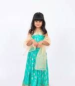 Elaisha girls brocade sleeveless sequence embellished top, skirt & tissue dupatta set - sea green