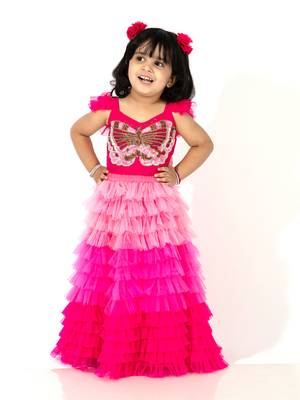 Elaisha girls crop top with butterfly motif & gradient tiered net skirt set - pink & baby pink 1