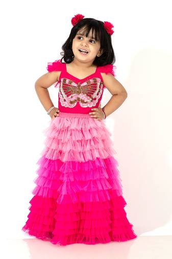 Elaisha girls crop top with butterfly motif & gradient tiered net skirt set - pink & baby pink