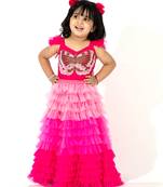 Elaisha girls crop top with butterfly motif & gradient tiered net skirt set - pink & baby pink