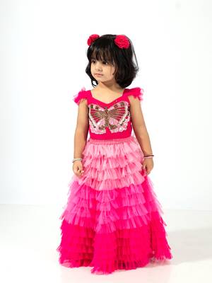 Elaisha girls crop top with butterfly motif & gradient tiered net skirt set - pink & baby pink 2