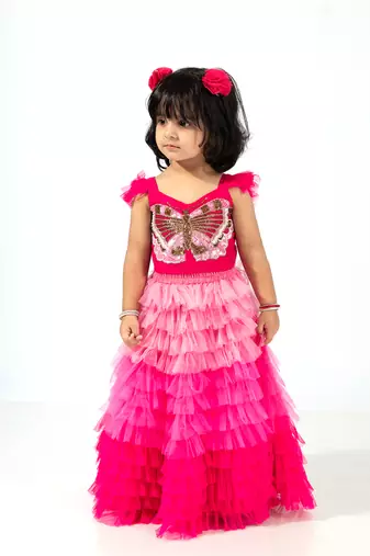 Elaisha girls crop top with butterfly motif & gradient tiered net skirt set - pink & baby pink