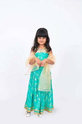 Elaisha girls brocade sleeveless sequence embellished top, skirt & tissue dupatta set - sea green 2