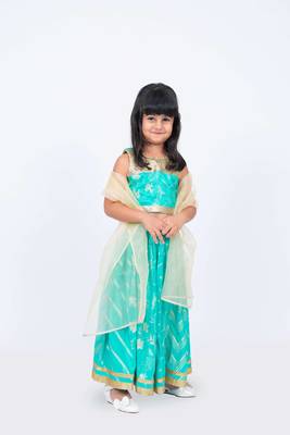 Elaisha girls brocade sleeveless sequence embellished top, skirt & tissue dupatta set - sea green 3