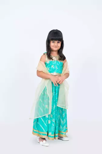 Elaisha girls brocade sleeveless sequence embellished top, skirt & tissue dupatta set - sea green