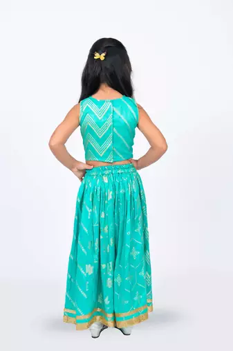 Elaisha girls brocade sleeveless sequence embellished top, skirt & tissue dupatta set - sea green