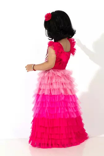 Elaisha girls crop top with butterfly motif & gradient tiered net skirt set - pink & baby pink