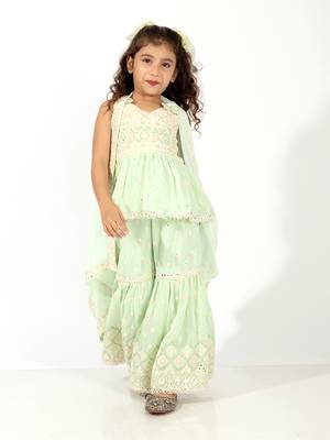 Elaisha girls peplum top & sharara with embroidered long shrug set - pastle green 1
