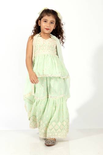 Elaisha girls peplum top & sharara with embroidered long shrug set - pastle green