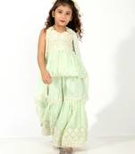 Elaisha girls peplum top & sharara with embroidered long shrug set - pastle green