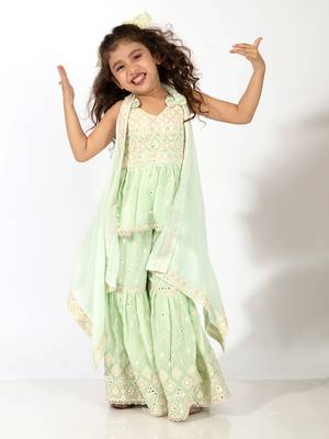 Elaisha girls peplum top & sharara with embroidered long shrug set - pastle green 2
