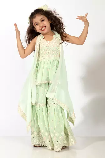 Elaisha girls peplum top & sharara with embroidered long shrug set - pastle green