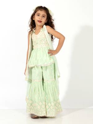 Elaisha girls peplum top & sharara with embroidered long shrug set - pastle green 3