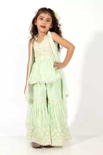Elaisha girls peplum top & sharara with embroidered long shrug set - pastle green