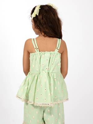 Elaisha girls peplum top & sharara with embroidered long shrug set - pastle green 4