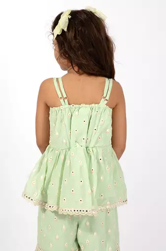 Elaisha girls peplum top & sharara with embroidered long shrug set - pastle green
