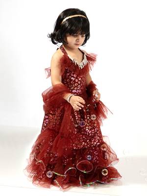 girls foil printed top layered lehenga set - maroon 1