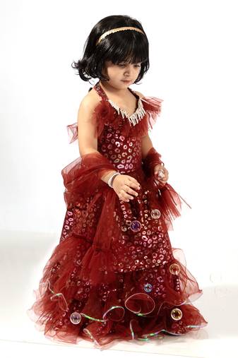Elaisha girls  foil printed top  with decorative neckline & layered skirt set - maroon