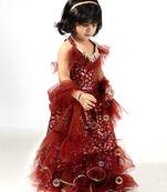 girls foil printed top layered lehenga set - maroon