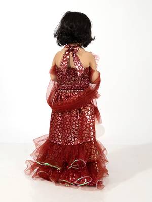girls foil printed top layered lehenga set - maroon 4